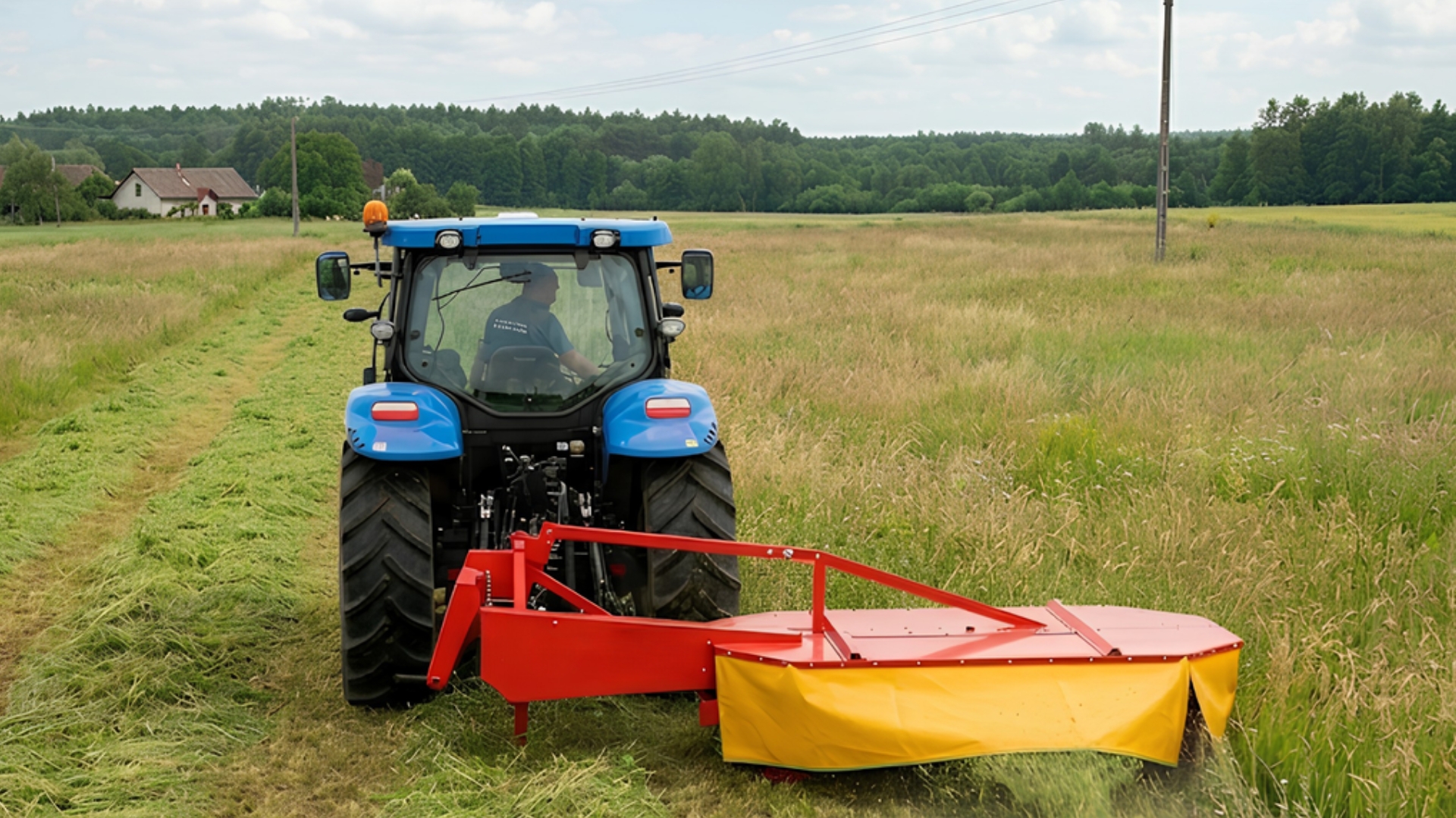 Kosiarka rotacyjna bębnowa zapięta do niebieskiego traktora. Koszenie trawy